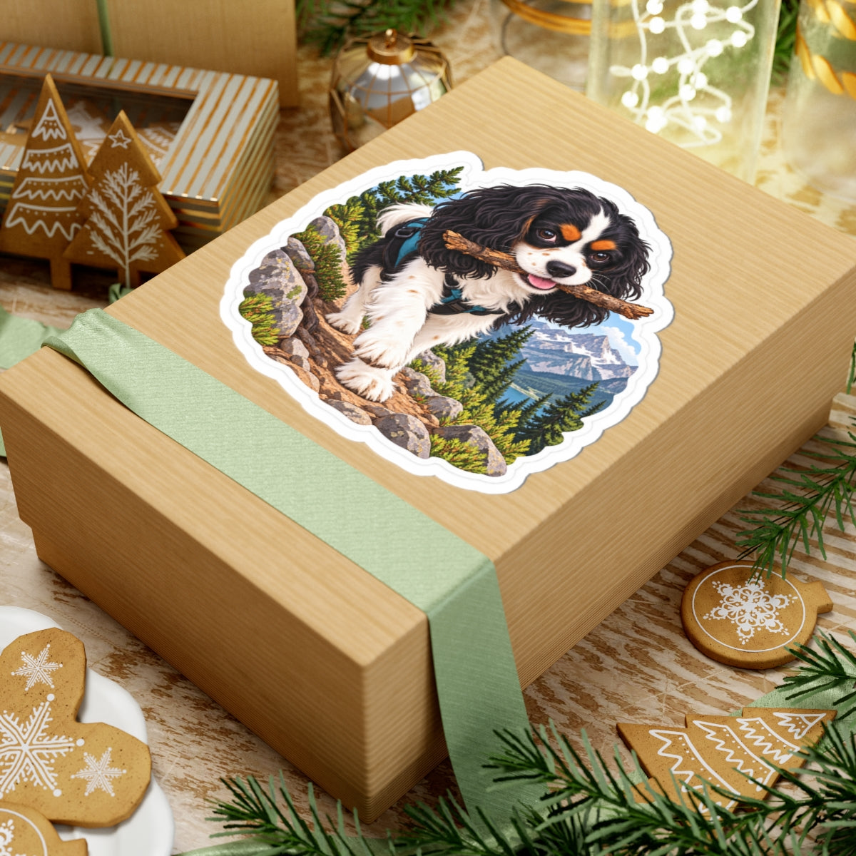 Product mockup of the Cavy Play Mode Trail Stick kiss-cut sticker: a tricolor Cavalier King Charles Spaniel carrying a stick along a mountain trail with pines and snowy peaks.