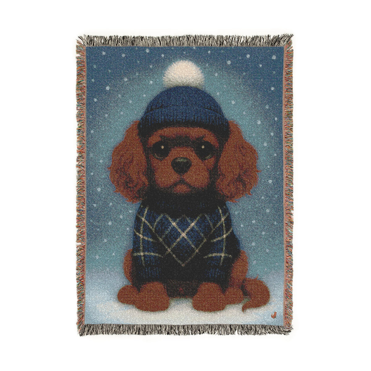 Cavy Comfort woven throw blanket, full front view, Ruby Cavalier King Charles Spaniel puppy design with fringed edges