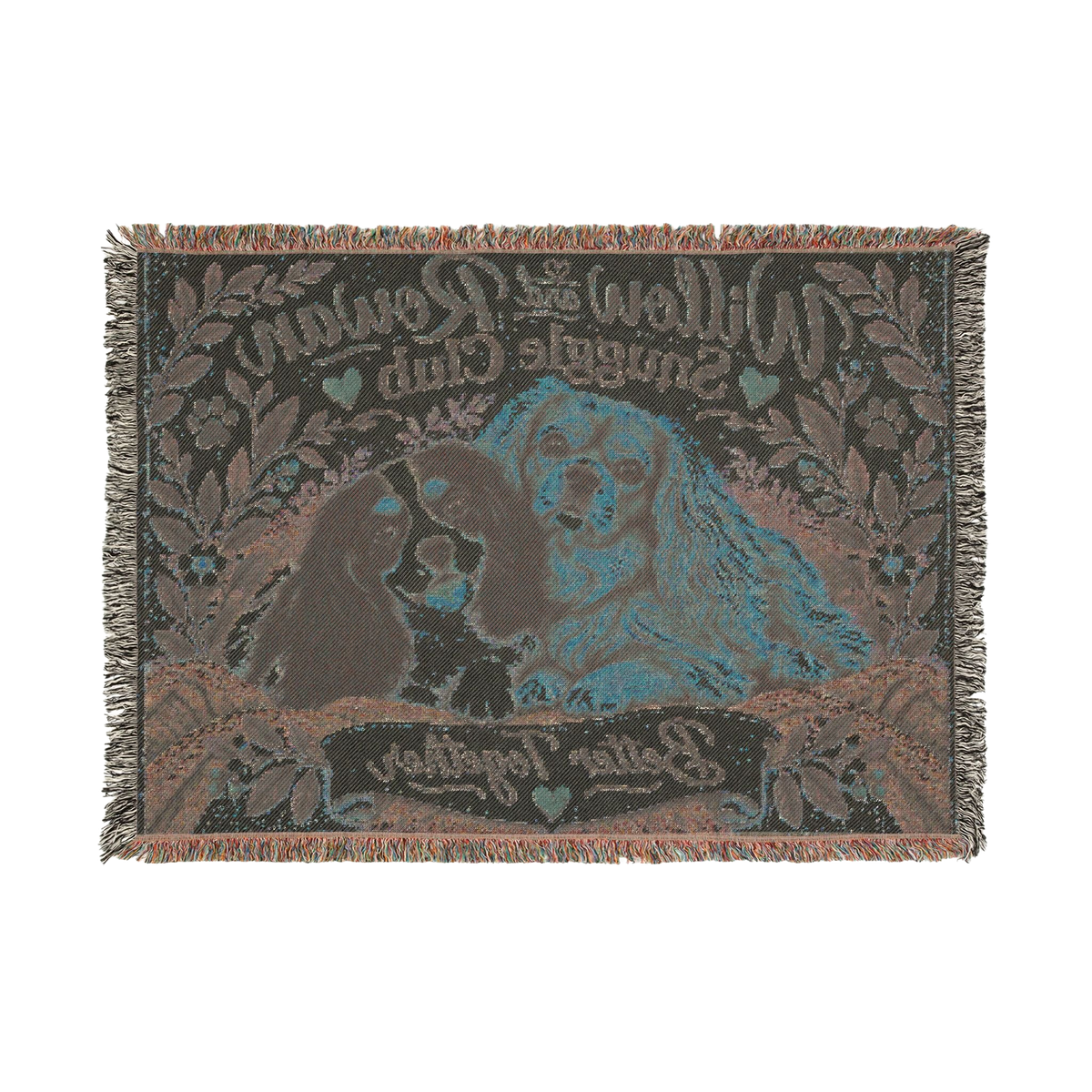 Reverse side of the Willow & Rowan Snuggle Club woven blanket, showing the darker weave and mirrored lettering.