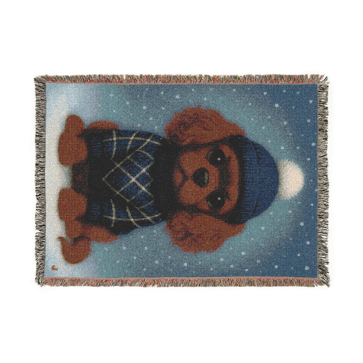 Ruby Cavalier woven cotton blanket laid flat, landscape view showing the full design and fringe